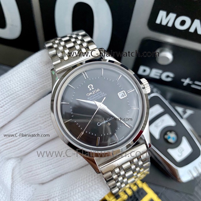 Fake Omega Constellation Stainless Steel Black Face Wristwatch